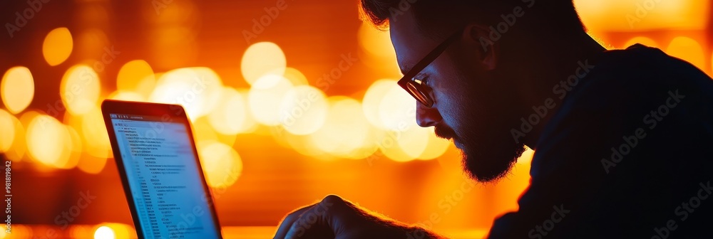 Poster a man is illuminated by warm light as he searches for information online. he is focused on the compu
