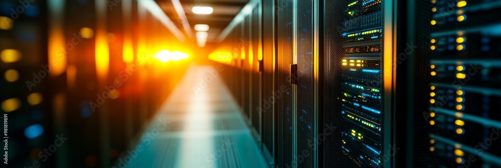 Poster a server room with rows of servers and data storage equipment, showcasing modern data center infrast