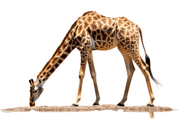 A full-body shot of a giraffe standing tall, highlighting its long legs and neck isolated on white background