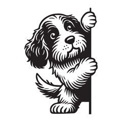 Fototapeta premium Clumber Spaniel Dog Peeking Face Clipart - Peeking Dog Vector illustration in black and white 
