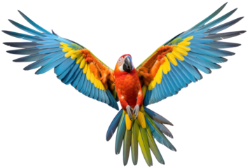 A flying macaw mid-air, with its wings fully extended, showing off the dynamic motion and vibrant colors of its feathers isolated on white background