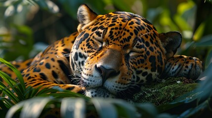 Obraz premium Close Up of a Sleeping Jaguar in the Jungle