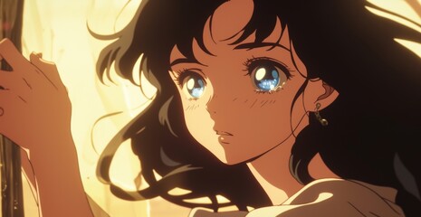 Surprised young girl with long black hair and bangs, wearing blue, gazing at the viewer  