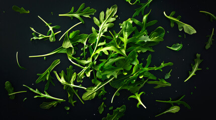 Top view of a pile of fresh green arugula leaves lying on a black table. The concept of healthy nutrition, freshness and vitality. A natural organic product. Food background. Fragrant greens