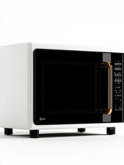 Fototapeta premium A sleek and modern white microwave oven with a black glass door and gold accents, perfect for any kitchen.