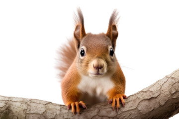 Fototapeta premium A curious red squirrel perched on a tree branch, its bushy tail elegantly fanned out, with bright eyes and alert posture, isolated on white background