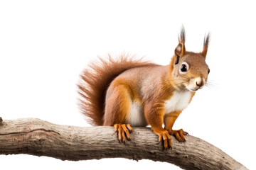 Fototapeta premium A curious red squirrel perched on a tree branch, its bushy tail elegantly fanned out, with bright eyes and alert posture, isolated on white background