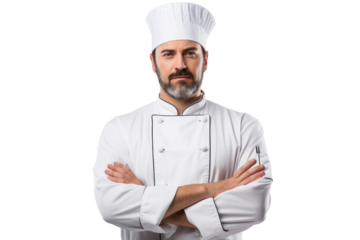 A confident chef standing with arms crossed, wearing a white jacket and chef's hat, ready to prepare a meal isolated on white background