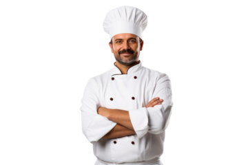 A confident chef standing with arms crossed, wearing a white jacket and chef's hat, ready to prepare a meal isolated on white background