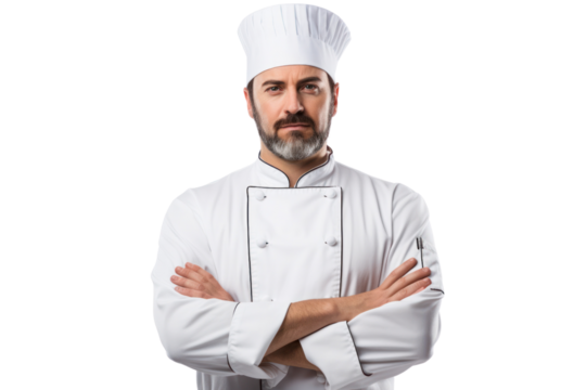A confident chef standing with arms crossed, wearing a white jacket and chef's hat, ready to prepare a meal isolated on white background