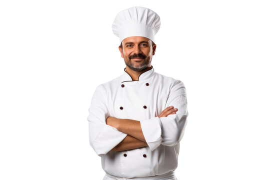 A confident chef standing with arms crossed, wearing a white jacket and chef's hat, ready to prepare a meal isolated on white background