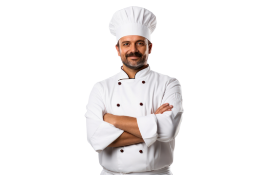 A confident chef standing with arms crossed, wearing a white jacket and chef's hat, ready to prepare a meal isolated on white background