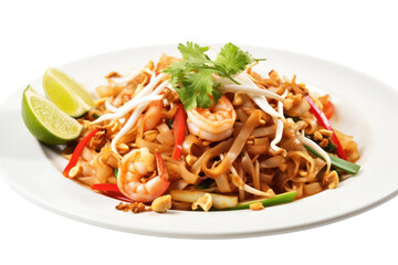 A colorful Thai seafood pad Thai dish with stir-fried noodles, shrimp on a white plate against a plain white background