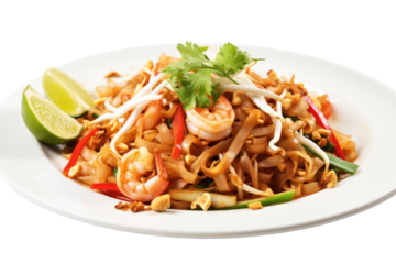 A colorful Thai seafood pad Thai dish with stir-fried noodles, shrimp on a white plate against a plain white background