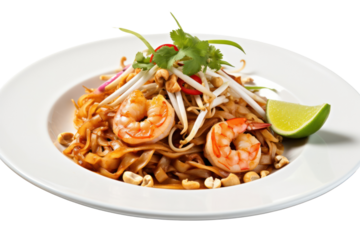 A colorful Thai seafood pad Thai dish with stir-fried noodles, shrimp on a white plate against a plain white background