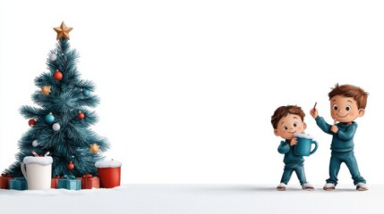Fototapeta premium A cheerful cartoon family celebrating Christmas around a decorated tree with presents and children holding gifts, perfect for holiday banners and festive illustrations