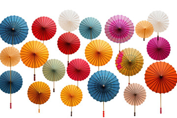 A colorful array of rain umbrellas in various sizes and patterns arranged in a fan shape, highlighting diversity in design isolated on white background