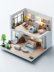 A beautifully designed miniature flat showcases modern living room and kitchen, filled with plants and stylish furniture, creating cozy and inviting atmosphere