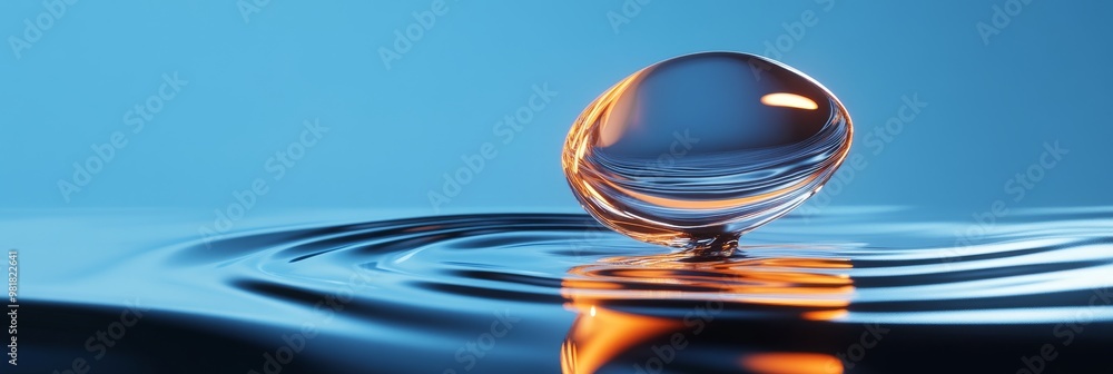 Poster a 3d image of a rippled liquid sphere floating on a blue surface, creating concentric ripples and vi