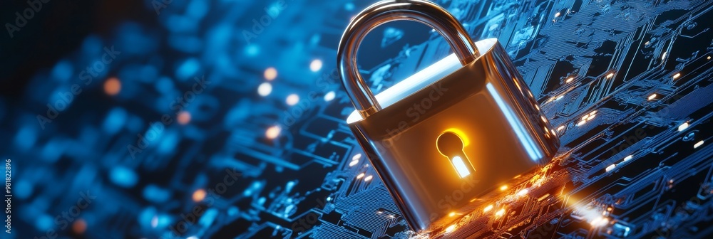 Poster a golden padlock rests on a circuit board, symbolizing secure online payments, digital security, dat