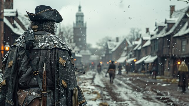 A lone figure walks through a snowy colonial town
