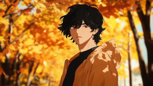 portrait of a handsome anime guy with striking black hair, standing in a bright autumn park