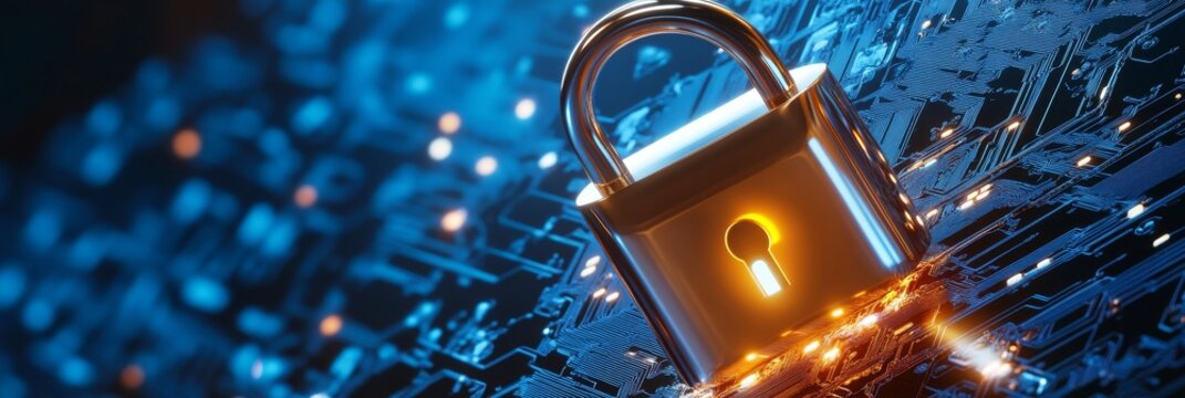 A golden padlock rests on a circuit board, symbolizing secure online payments, digital security, data protection, advanced encryption, and trusted transactions.