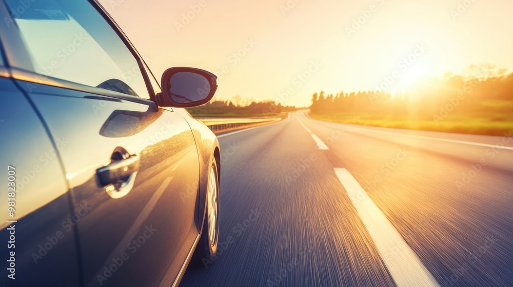 Wall mural single car traveling on a deserted highway, bathed in golden sunset light, the road stretching towar