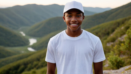 Black teenage boy wearing white t-shirt and white baseball cap standing on a mountain