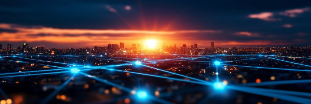 Smart City: The Future of Energy Management - A connected cityscape illuminated by the setting sun, representing the interconnectedness of smart technologies, data exchange, and efficient energy solut