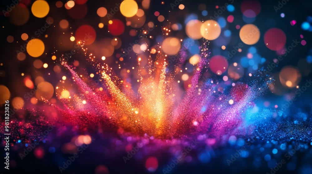 Poster abstract background of colorful glittering particles with bokeh lights