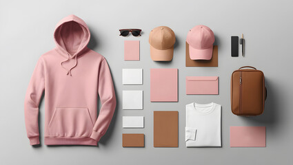 Create a realistic mockup of a design template. Soft colors. Classic stationery template. Hoodie, T-shirt, Hat, T-shirt, Cap, Travel bag, Business card, isolated on a plain white background.