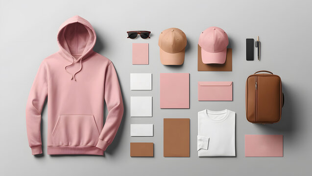 Create a realistic mockup of a design template. Soft colors. Classic stationery template. Hoodie, T-shirt, Hat, T-shirt, Cap, Travel bag, Business card, isolated on a plain white background.