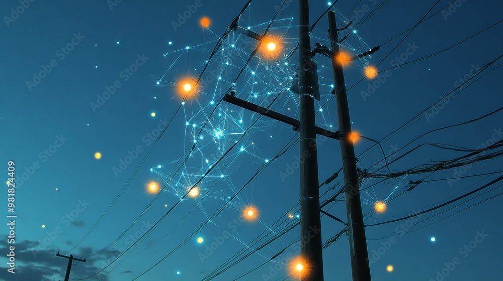 Poster a surreal and abstract composition of a power line against a twilight sky, featuring glowing nodes c