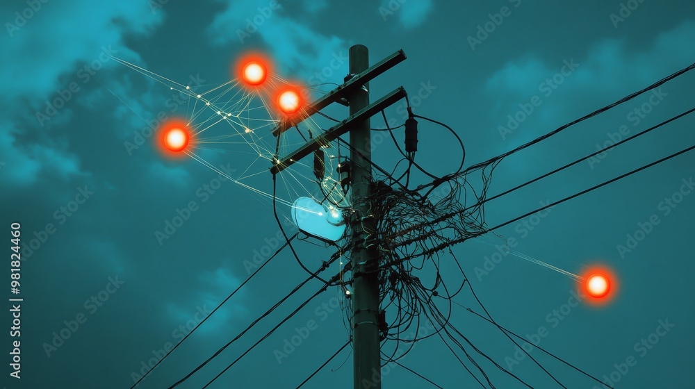 Poster a surreal image featuring a power line pole with glowing orbs connected by a network of lines, sugge