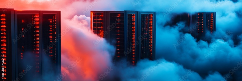 Poster data centers in the cloud: a surreal vision of modern technology with glowing servers in a dreamy sk