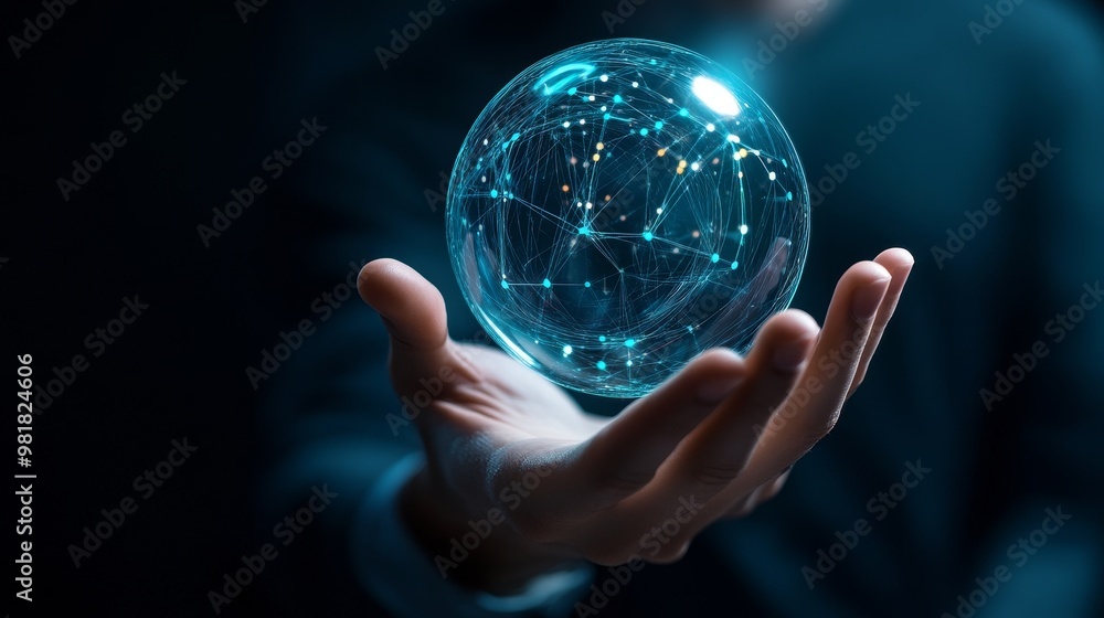Poster the transformative power of digital technology: a hand holds a glowing sphere representing the inter