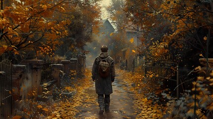 Fototapeta premium Lonely Figure Walking Through Autumn Forest Path