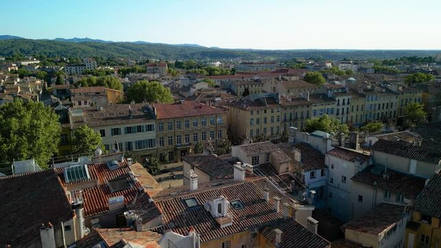 Drone shot flying over buildings in aix-en-provence 
