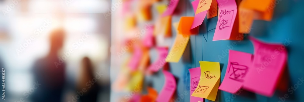 Poster a close-up shot of a whiteboard covered in colorful sticky notes, representing the dynamic and colla