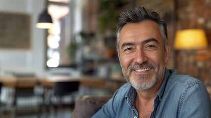 Middle-aged man smiling in a rustic modern setting.