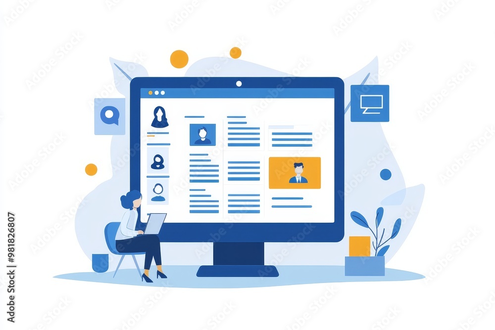 Poster woman working on laptop in front of a computer screen with website showcasing user profiles.
