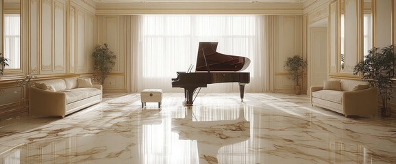 Grand Piano in Luxurious Living Room with Marble Floor