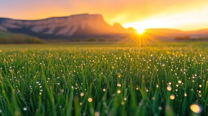 Naklejka premium Dew-Covered Grass in Golden Sunrise with Blurry Mountain Background