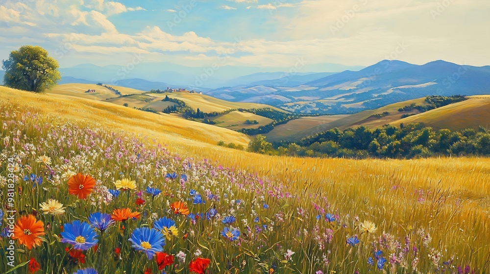 Wall mural Summer Landscape with Wildflowers and Rolling Hills