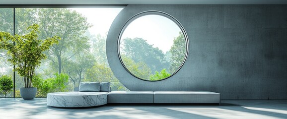 Modern Interior Design with Circular Window and Lush Greenery View