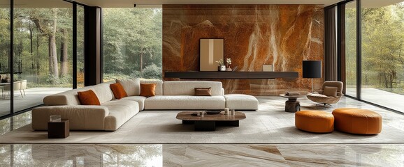 Modern Living Room Interior Design with Beige Sectional Sofa and Marble Wall