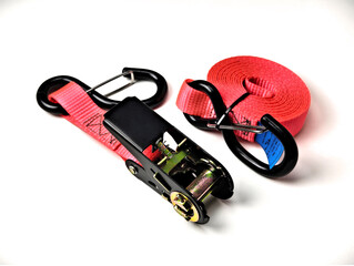 very useful ratchet strap on isolated white background, close up and beautiful pink ratchet