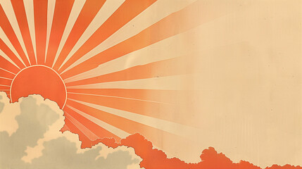 Vintage Sunrise Illustration with Radiant Sun Rays and Clouds