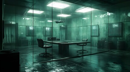 Minimalist interrogation room, digital glass screens, a two-way mirror, harsh overhead lighting, sterile government environment, cold and uninviting, Cinematic, Cyberpunk style